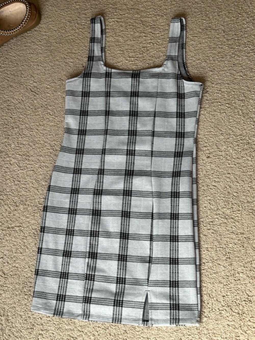 Popular Basics Black and White Plaid Midi Square-Neck Dress